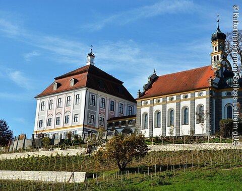 Außenansicht Schloss Leitheim Außenansicht auf Schloss Leitheim mit davor liegendem Weinberg.