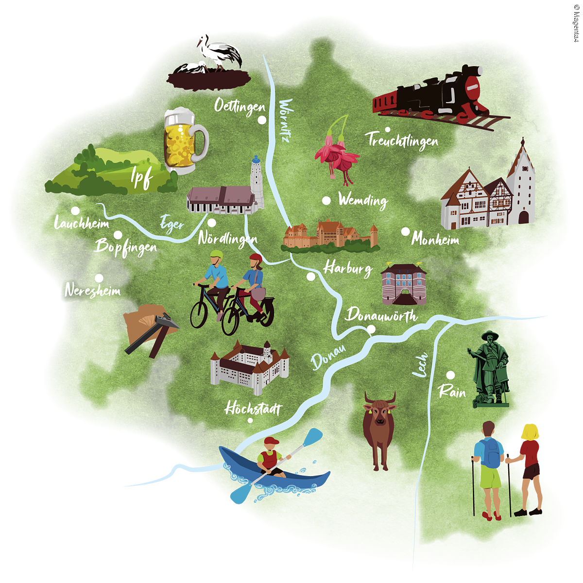 Erlebniskarte Ferienland DONAURIES Die Erlebniskarte zeigt das Gebiet des Ferienland DONAURIES mit seinen Städten und Highlights aus der Region.